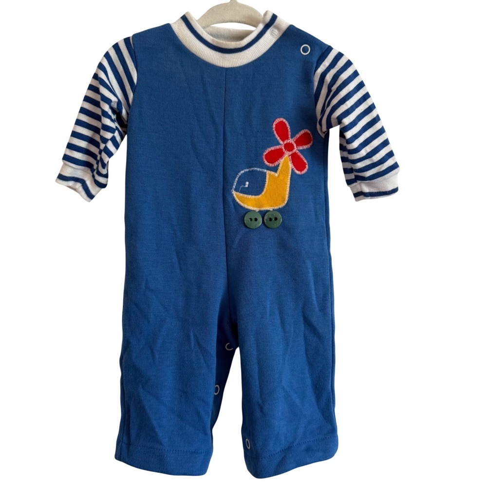 Vintage 90s Healthtex Plane Striped Blue Romper Outfit Boys 6 months Cotton Snap